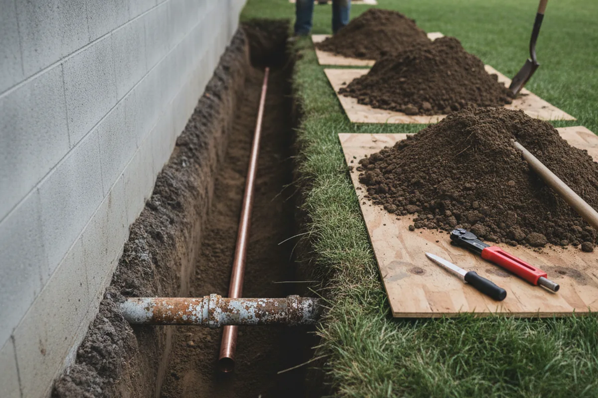 Excavated water line trench during Sewer Line Repair in Ponder
